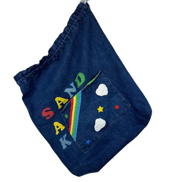 Handmade Kids Childrens Sand Sak Rainbow Jean Denim Blue Large Portable Bag - Picture 1 of 4
